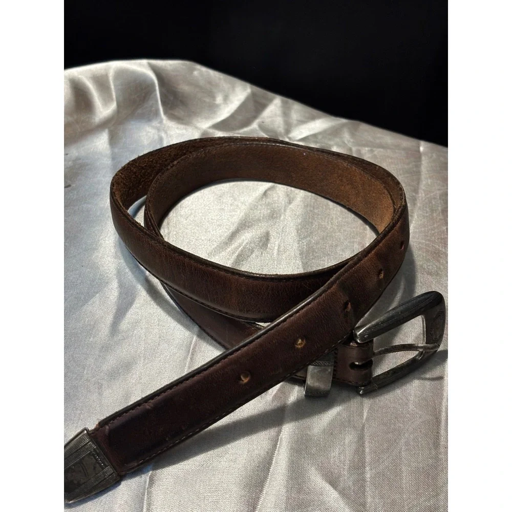 Vintage Brown Leather Western Belt Silver Engraved Buckle Metal Tip 39 Inch